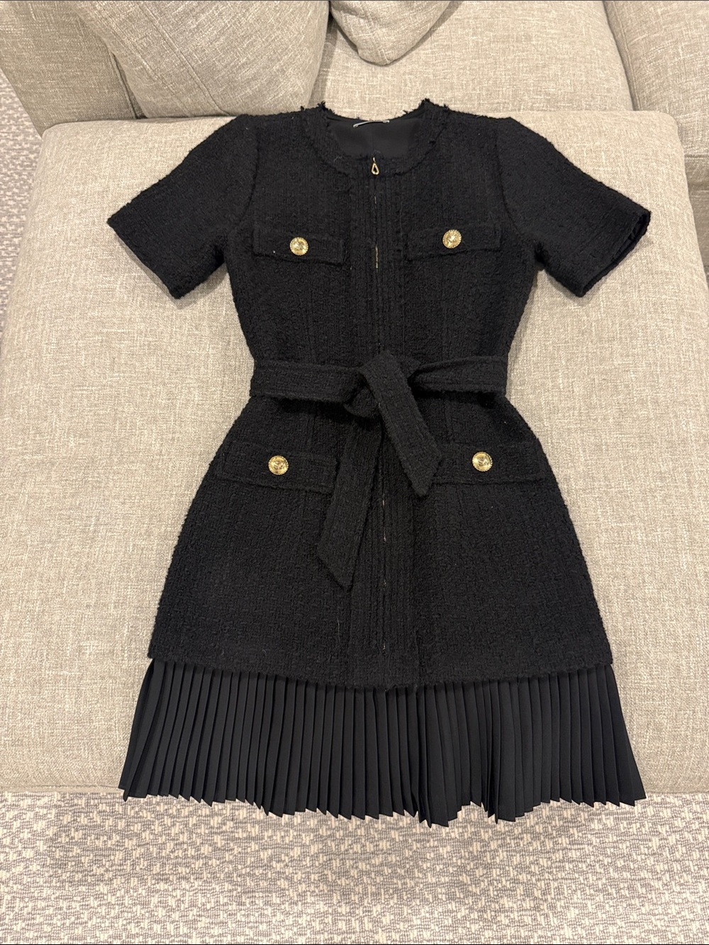 New Sandro Black Tweed Dress with Gold Buttons